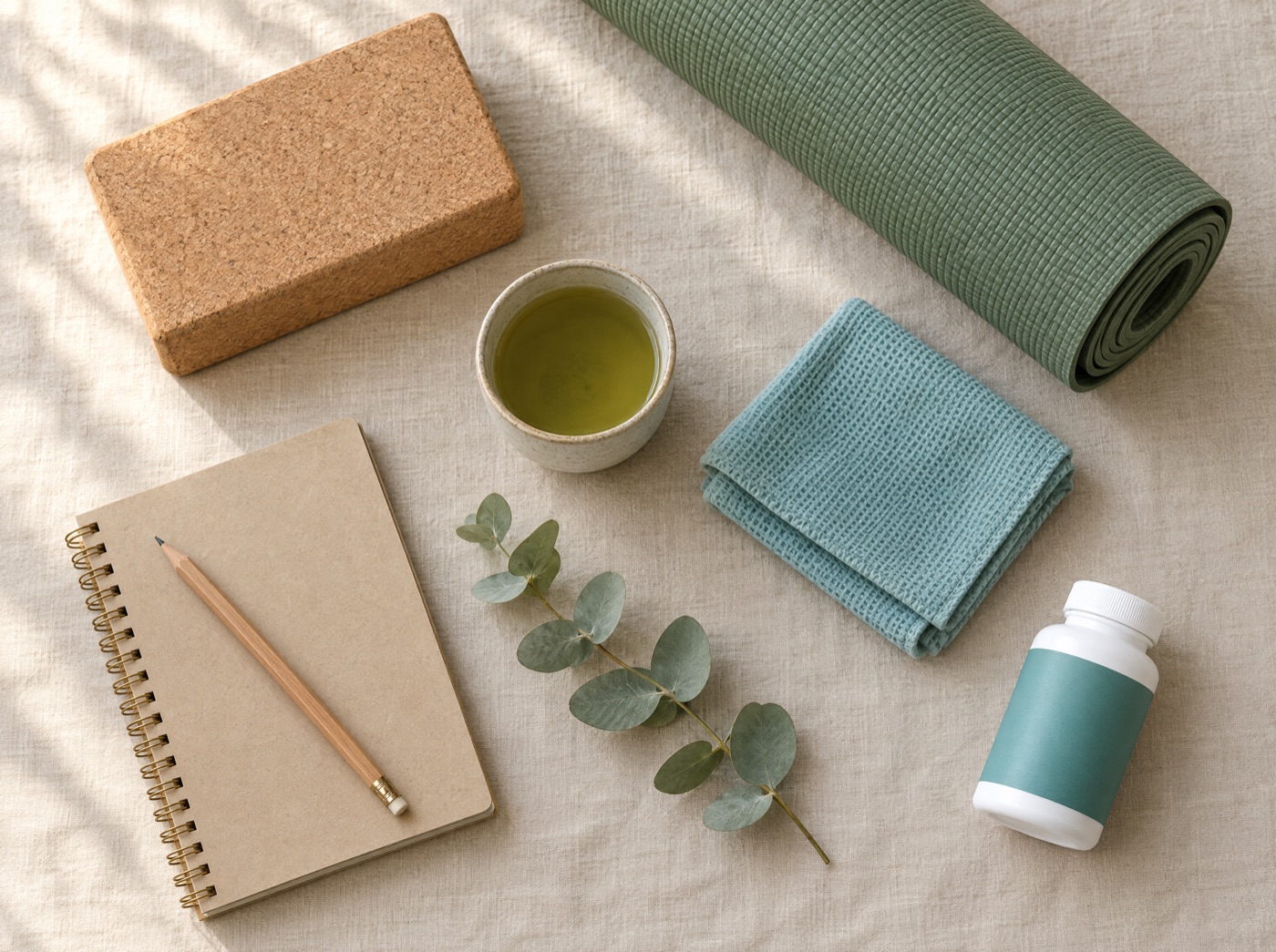 Cork yoga block, yoga mat, green tea, cooling towel and a supplement bottle on linen