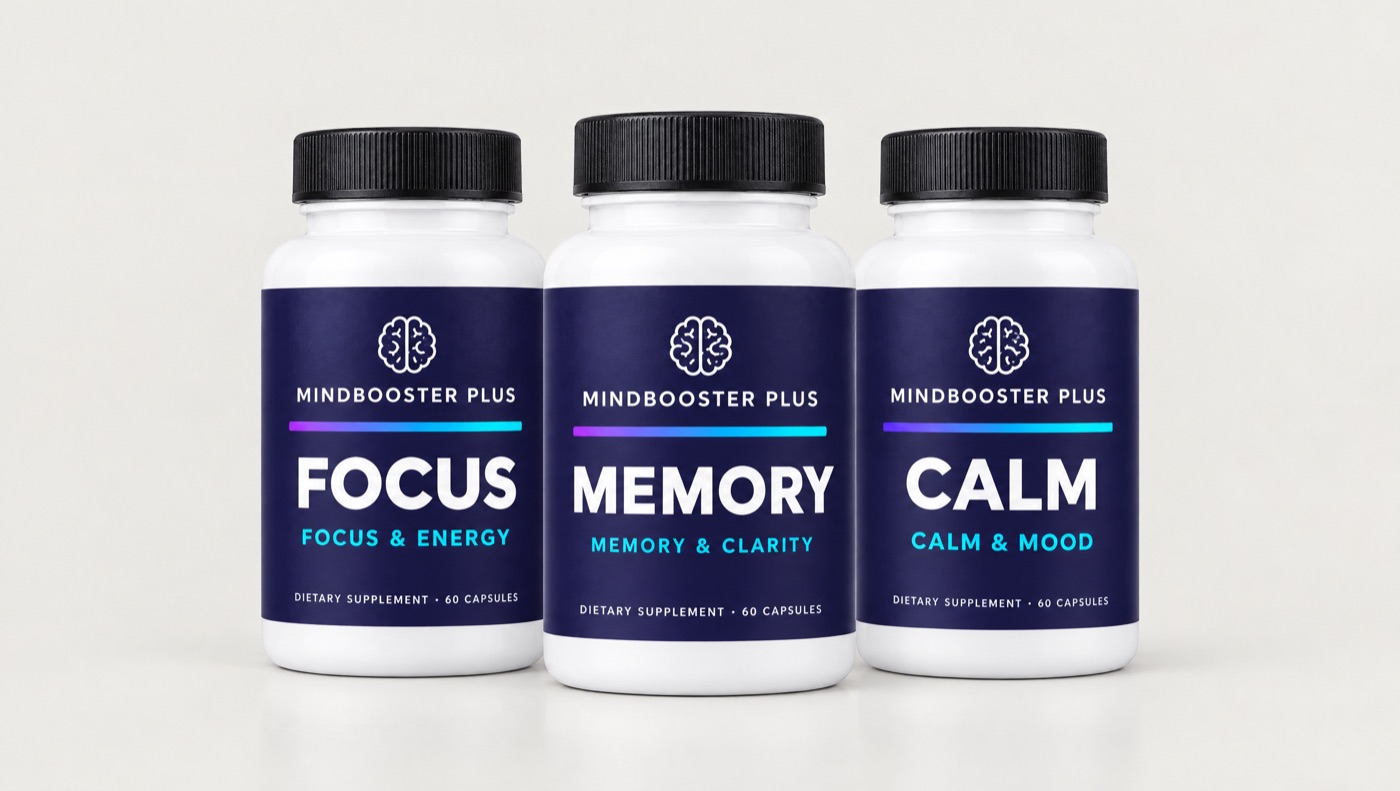 MindBooster Plus Focus, Memory and Calm supplement bottles